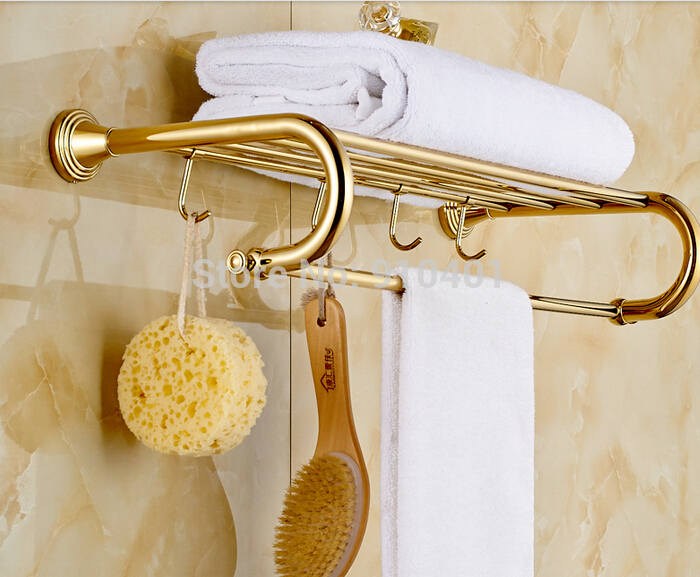 Wholdsale And Retail Promotion NEW Golden Brass Wall Mounted Bathroom Shelf Bathroom Towel Rack Holder W/ Hooks