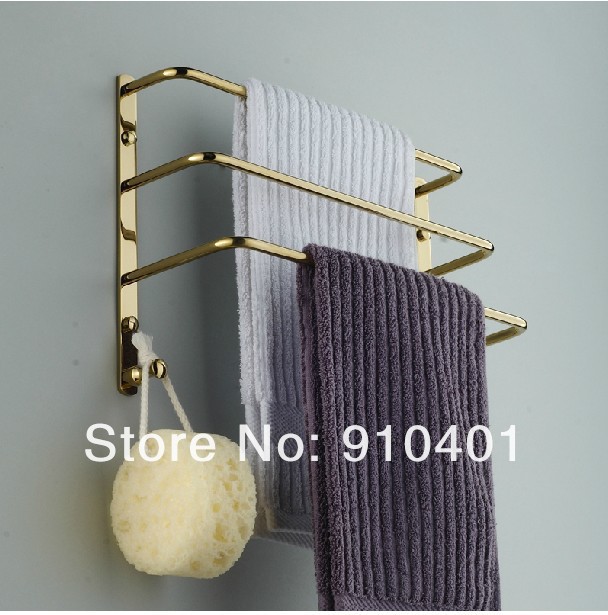Wholdsale And Retail Promotion  Polished Golden Finish Brass 3 Towel Bar Towel Rack Holder W/ Dual Hook Hangers