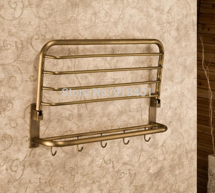 Wholesale And Retail Promotion Antique Brass Bathroom Shelf Towel Rack Basket Holder Towel Bar W/ Hook Hangers