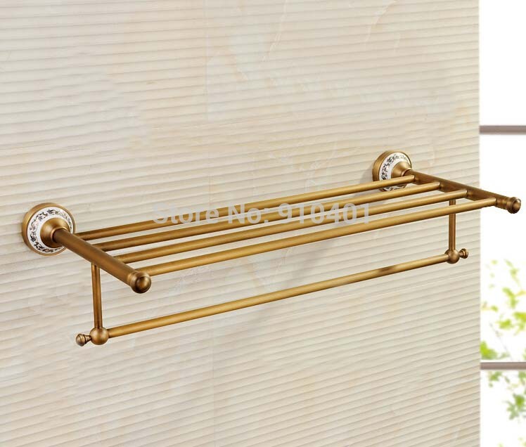 Wholesale And Retail Promotion Bathroom Antique Brass Towel Shelf Towel Rack Holder Ceramic Base W/ Towel Bar