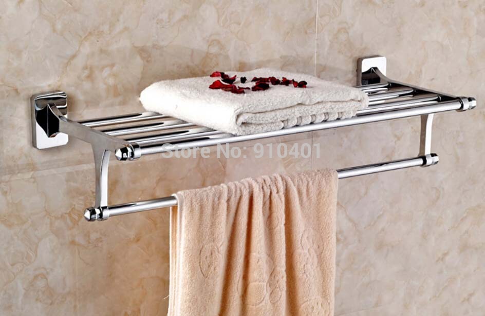 Wholesale And Retail Promotion Chrome Brass Modern Bathroom Shelf Wall Mounted Towel Rack Holder W/ Towel Bar