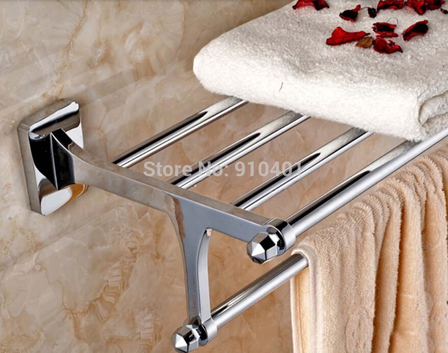 Wholesale And Retail Promotion Chrome Brass Modern Bathroom Shelf Wall Mounted Towel Rack Holder W/ Towel Bar