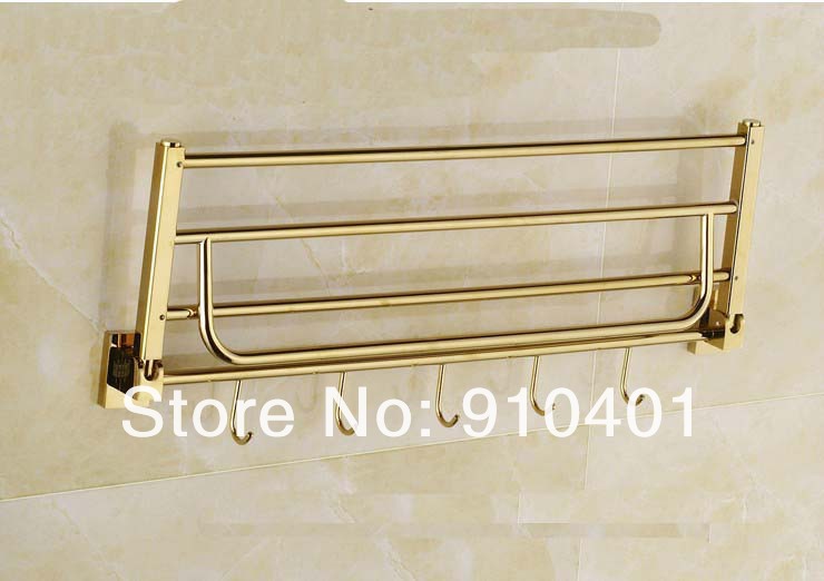 Wholesale And Retail Promotion Foldable Golden Brass Towel Rack Shelf Bathroom Shelf Holder Towel Bar Hooks