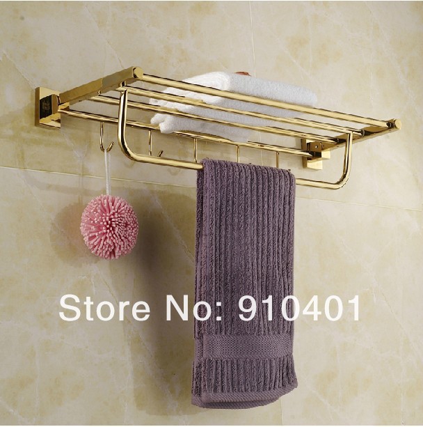 Wholesale And Retail Promotion Foldable Golden Brass Towel Rack Shelf Bathroom Shelf Holder Towel Bar Hooks