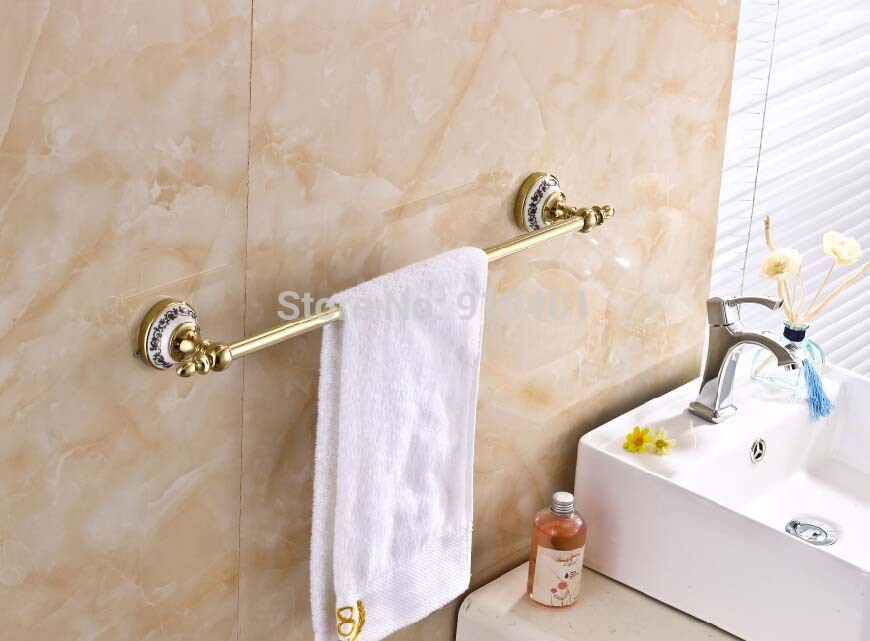 Wholesale And Retail Promotion Golden Brass Bathroom Towel Rack Bar Holder Ceramic Base Bath Shower Single Bar