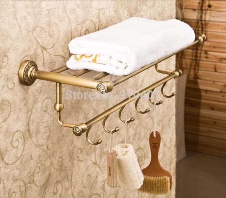 Wholesale And Retail Promotion Luxury Antique Brass Hotel Bathroom Shelf Towel Rack Holder Towel Bar W/ Hook