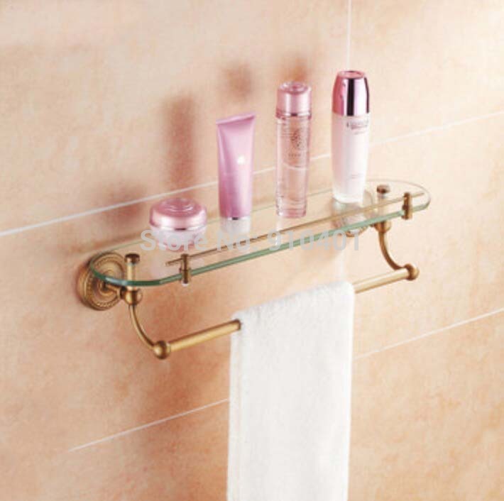 Wholesale And Retail Promotion Luxury Euro Style Antique Brass Bathroom Shelf Cosmetic Glass Shelf W/ Towel Bar