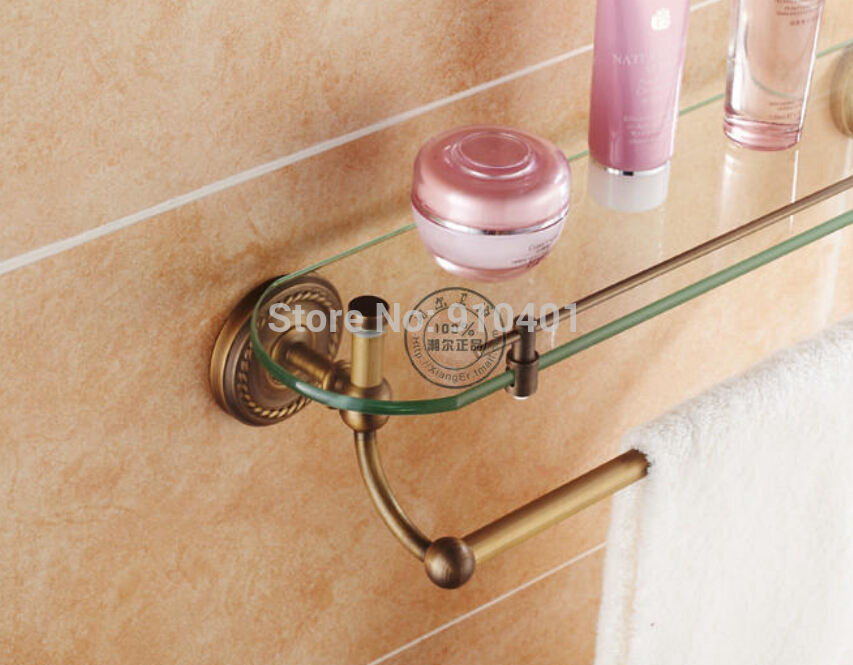 Wholesale And Retail Promotion Luxury Euro Style Antique Brass Bathroom Shelf Cosmetic Glass Shelf W/ Towel Bar