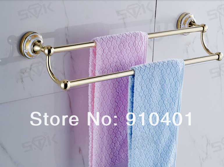 Wholesale And Retail Promotion Luxury Fashion Bathroom Golden Brass Dual Towel Rack Holder Ceramic Towel Bar