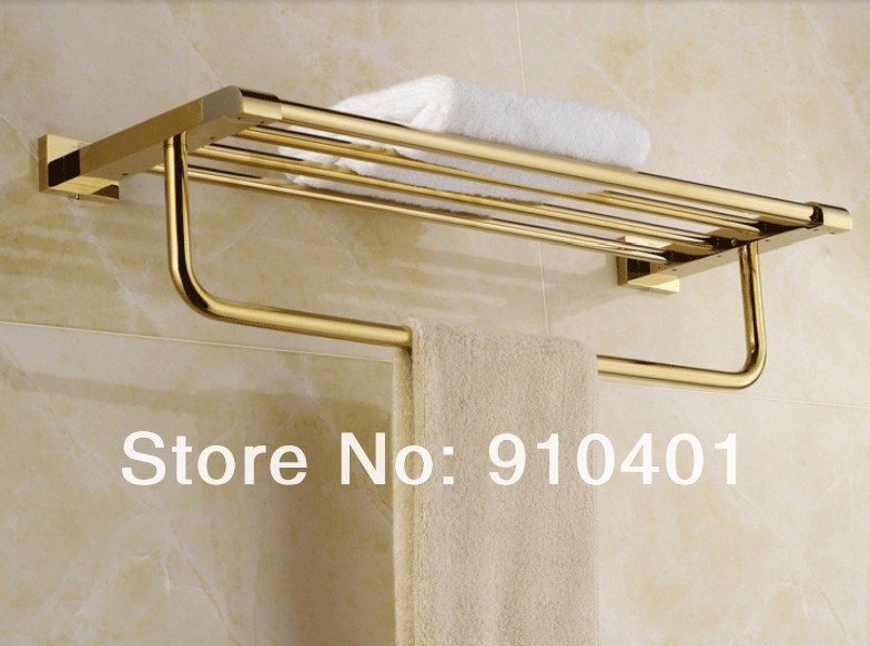 Wholesale And Retail Promotion  Luxury Golden Brass Bathroom Shelf Towel Rack Holder With Towel Bar Wall Mounted