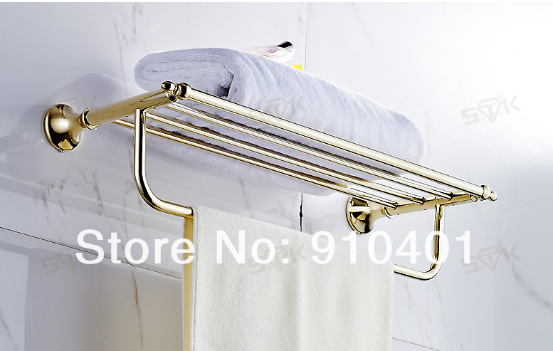 Wholesale And Retail Promotion Luxury Golden Brass Bathroom Shelf Towel Rack Towel Bar Holder W/ Hooks Hangers