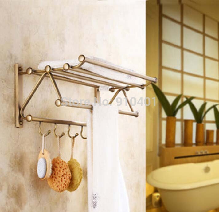 Wholesale And Retail Promotion Modern Antique Brass Bathroom Towel Rack Holder Clothes Shelf W/ Hook & Hangers