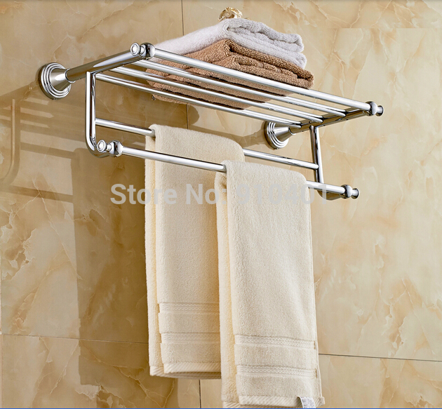 Wholesale And Retail Promotion Modern Chrome Brass Bathroom Shelf Towel Rack Holder With Dual Towel Bar Hangers