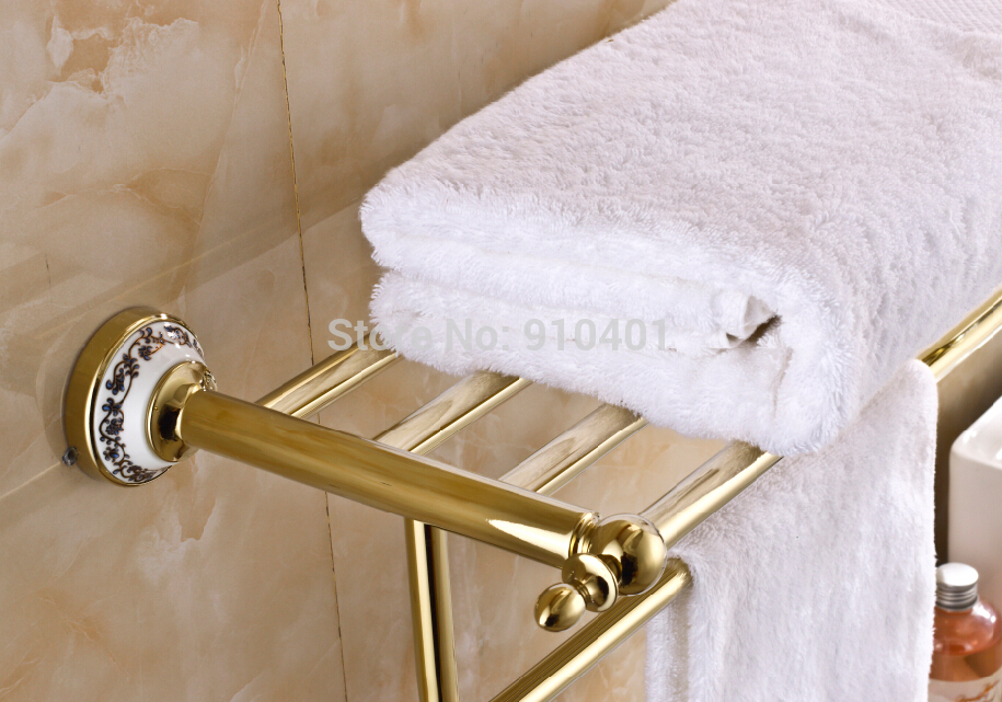 Wholesale And Retail Promotion Modern Golden Brass Ceramic Base Towel Rack Holder Bathroom Shelf With Towel Bar
