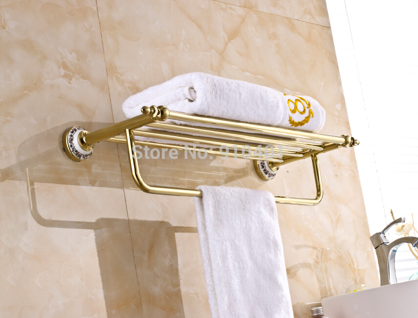 Wholesale And Retail Promotion Modern Golden Brass Ceramic Base Towel Rack Holder Bathroom Shelf With Towel Bar