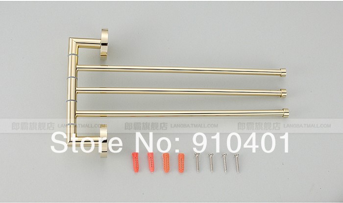 Wholesale And Retail Promotion Modern Golden Brass Wall Mounted Bathroom Towel Rack Bars Rotate 3 Bar Holders