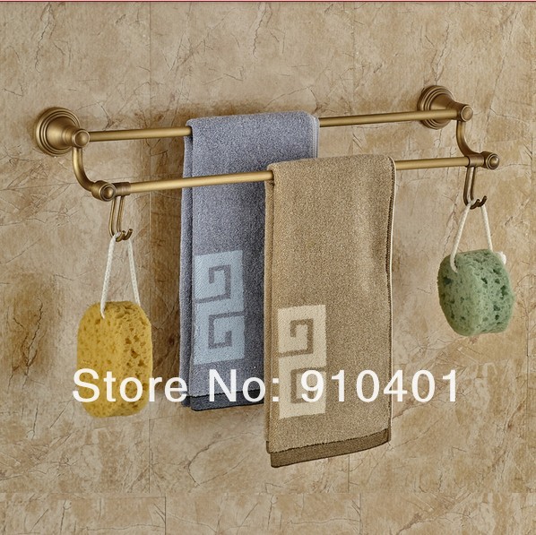 Wholesale And Retail Promotion NEW Antique Brass Wall Mounted Towel Rack Holder Dual Towel Bars W/ Hook Hangers