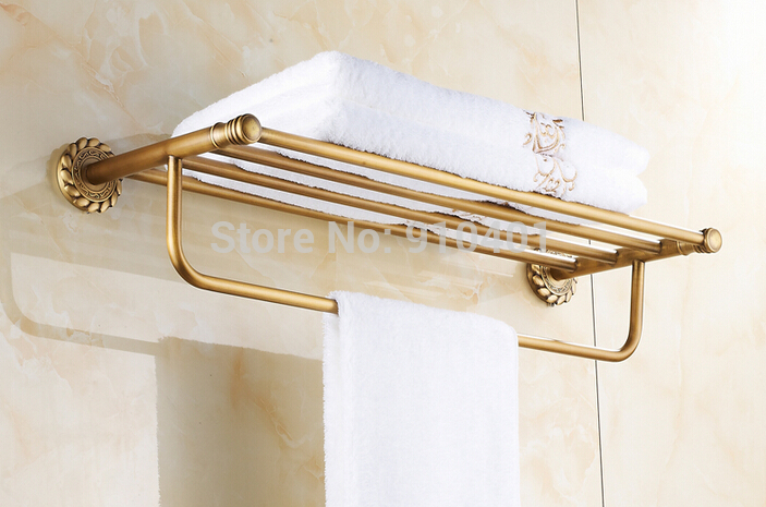 Wholesale And Retail Promotion NEW Bathroom Antique Brass Wall Mounted Towel Rack Shelf With Towel Bar Holder