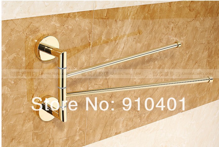 Wholesale And Retail Promotion NEW Bathroom Golden Brass Wall Mounted Towel Rack Holder Swivel Dual Towel Bars