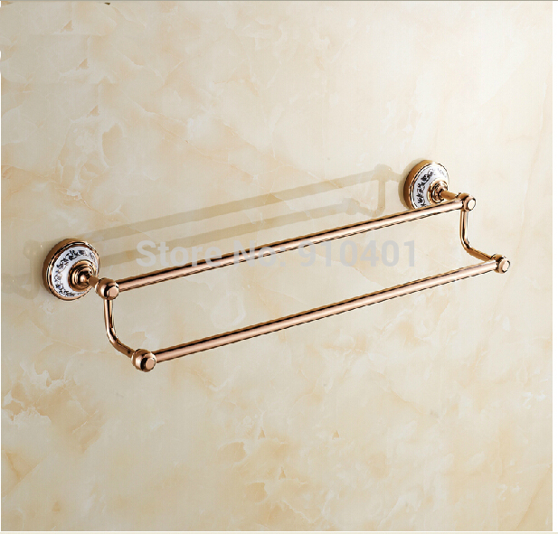 Wholesale And Retail Promotion NEW Bathroom Rose Golden Towel Rack Holder Dual Towel Bar Holder Ceramic Hangers