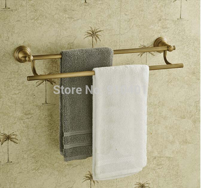 Wholesale And Retail Promotion NEW Luxury Antique Brass Bathroom Hotel Towel Rack Dual Towel Hangers With Hooks