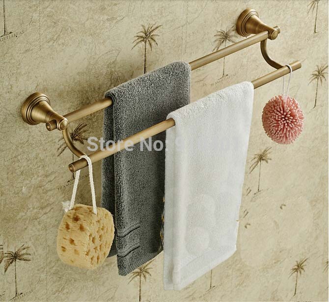 Wholesale And Retail Promotion NEW Luxury Antique Brass Bathroom Hotel Towel Rack Dual Towel Hangers With Hooks