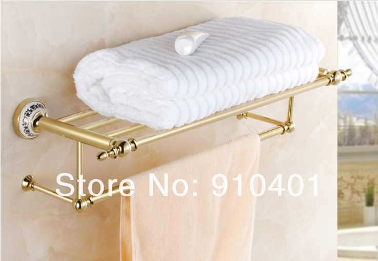 Wholesale And Retail Promotion  NEW Luxury Golden Finish Solid Brass Wall Mounted Towel Shelf Towel Rack Holder