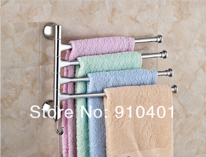 Wholesale And Retail Promotion NEW Luxury Wall Mounted Chrome Clothes Towel Racks Swivel 4 Towel Bar W/ Hook