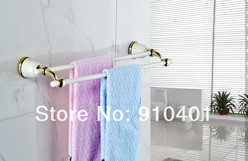 Wholesale And Retail Promotion NEW Luxury Wall Mounted White Painting Golden Brass Towel Rack Dual Towel Bars
