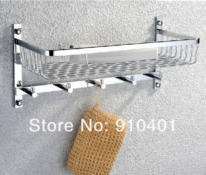 Wholesale And Retail Promotion NEW Polished Chrome Brass Wall Mounted Bathroom Shelf Towel Rack Holder W/ Hooks