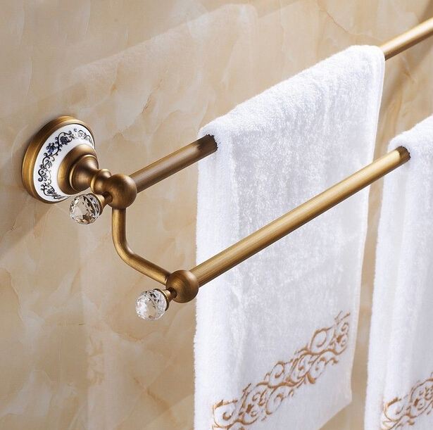Wholesale And Retail Promotion New Antique Brass Towel Rack Holder Dual Towel Bars Ceramic Base Wall Mounted