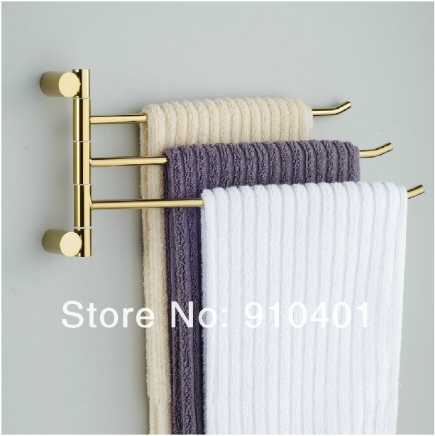 Wholesale And Retail Promotion Polished Golden Brass Wall Mounted Towel Rack Holder Swivel 3 Bars Towel Holder