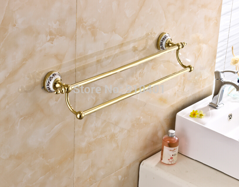 Wholesale And Retail Promotion Wall Mount Golden Brass Bathroom Towel Rack Holder Dual Towel Bars Ceramic Base
