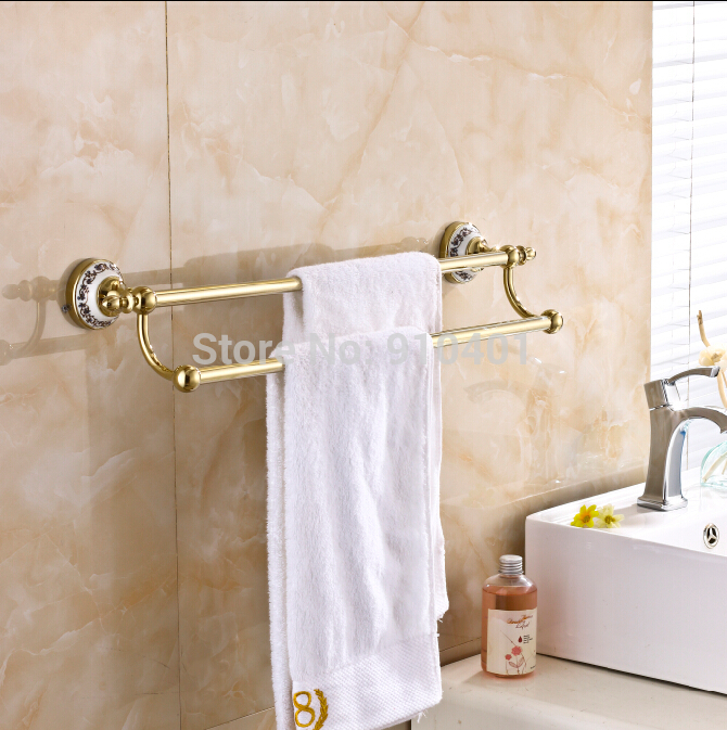 Wholesale And Retail Promotion Wall Mount Golden Brass Bathroom Towel Rack Holder Dual Towel Bars Ceramic Base