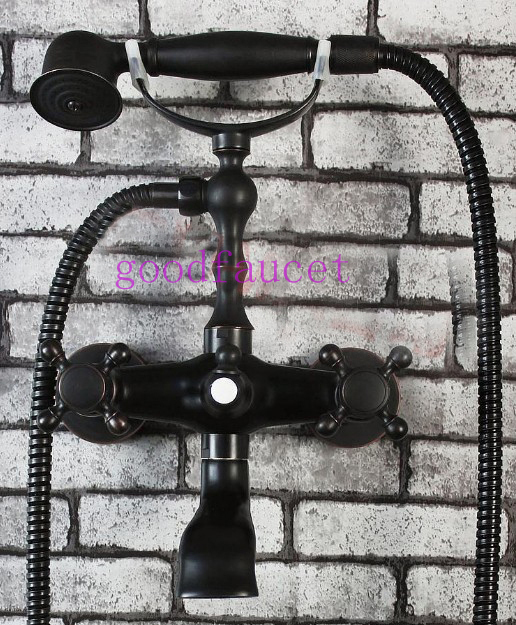 Luxury Oil Rubbed Bronze Clawfoot Tub Faucet Mixer Telephone Sparyer Dual Handles W/ Hook Shower Set Wall Mounted