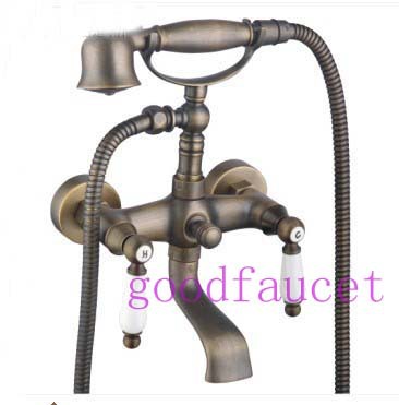Wholesale And Retail NEW Bathroom Wall Mounted Antique Bronze Clawfoot Tub Faucet Dual Ceramic Handle Shower Set