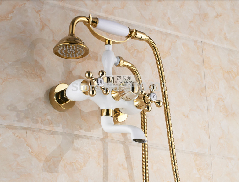 Wholesale And Retail Promotion Golden White Painting Wall Mounted Tub Faucet Dual Handles Hand Shower Mixer Tap