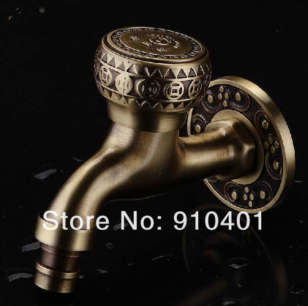Wholesale And Retail Promotion NEW Flower Carve Antique Brass Washing Machine Cold Faucet Wall Mounted Sink Tap