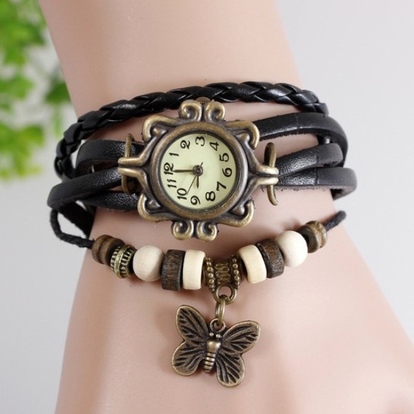 Cow Leather Strap Casual Watch Women Dress Watches Butterfly Pendant Vintage Quartz Analog Watch Fashion Bracelet -