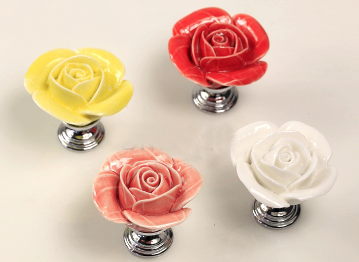 Rose drawer knob, Flower ceramic knob for cupboard, Kitchen cabinet hardware knob red, yellow, white, Pink 10PCS/lot