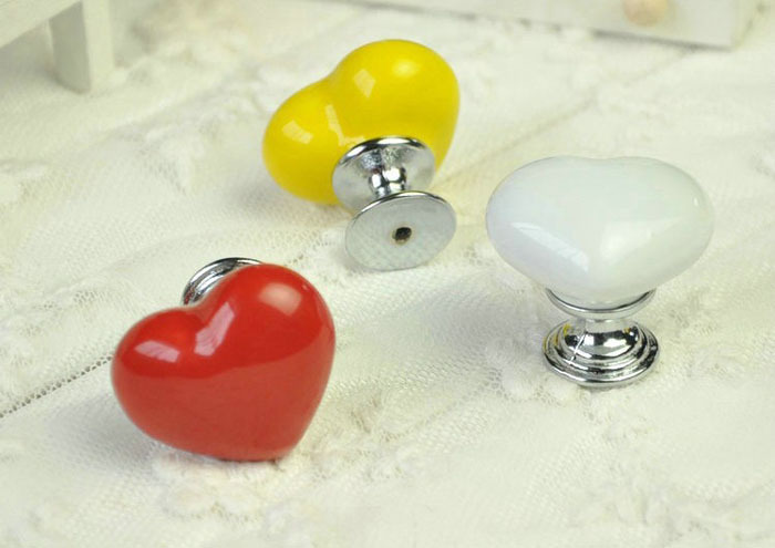 Silver Base Yellow Red White Ceramic Loving Hearts Cabinet Wardrobe Cupboard Knob Drawer Pulls Handles  10PCS/lot
